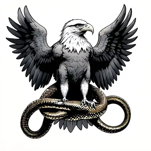 forward facing eagle with spreader wings holding a snake  tattoo design idea