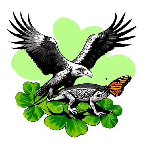 Fierce looking wedgetail eagle above a green shamrock with a sand goanna and beautifully coloured butterfly  tattoo design idea