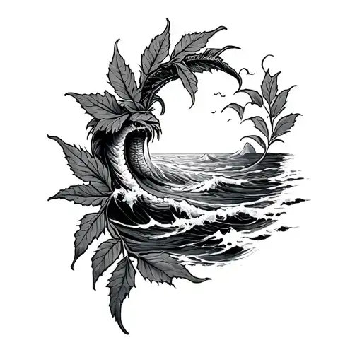forearm tattoo outside symbolizing a rough ocean with a triton black and white with tobacco leaf's wrapped around the tattoo design idea