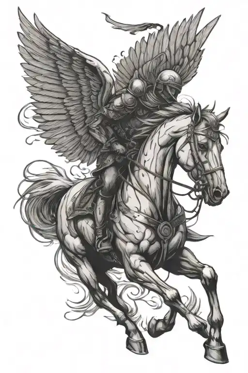 horse warrior shadows angel wings war tattoo design idea
