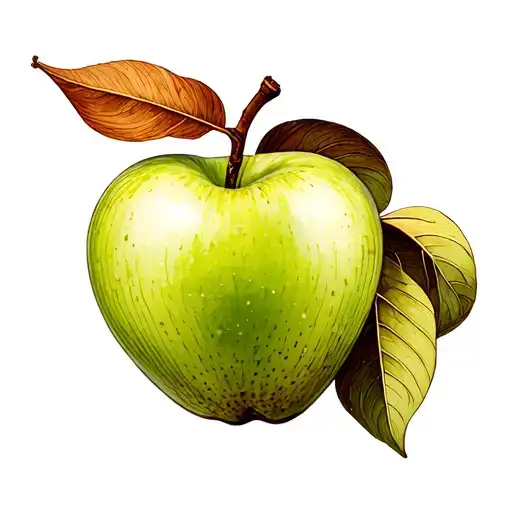 Minimalist fine line tattoo of a green heart-shaped apple with a brown, elegant signature-like Z stem tattoo design idea