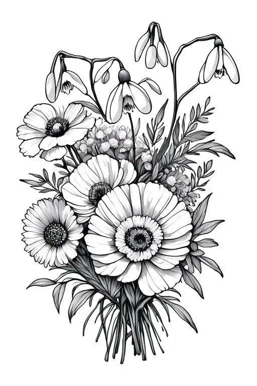 bouquet with snowdrops, carnations, poppies, aster, and chrysanthemums. fine line  tattoo design idea