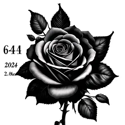 black rose head with Spanish Roman numerals with the date 6/4/2024 on left pec tattoo design idea