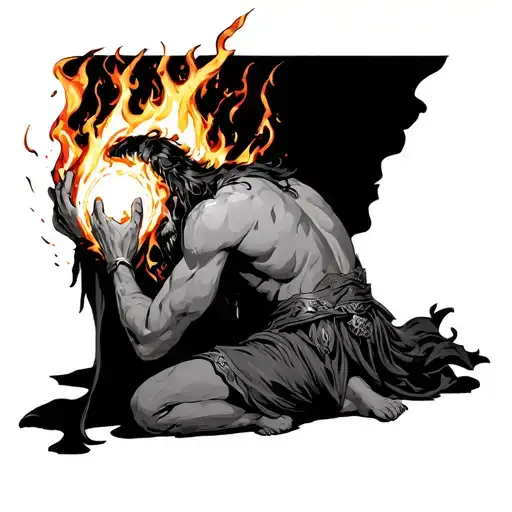 elden ring vyke on his knees hands clasping his head the frenzied flame buring outwards from his eyes tattoo design idea