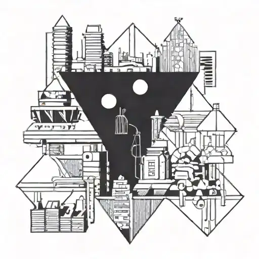 A futuristic cityscape with elements of video game architecture, incorporating geometric shapes and lines inspired by civil engineering structures tattoo design idea