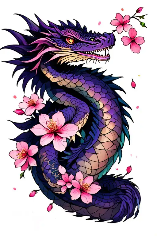 A mythical basilisk wrapped around cherry blossoms that climbs from the arm up over the shoulder. Pink and Purple  tattoo design idea