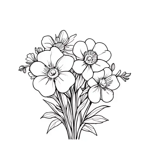 Create an line art image of a bouquet with primroses, sweetpeas and Narcissus tattoo design idea
