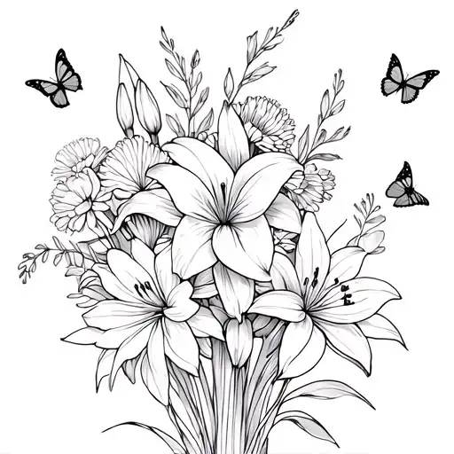 linework bouquet of lillies, carnations, asters, and daffodils with small butterflies flying around tattoo design idea