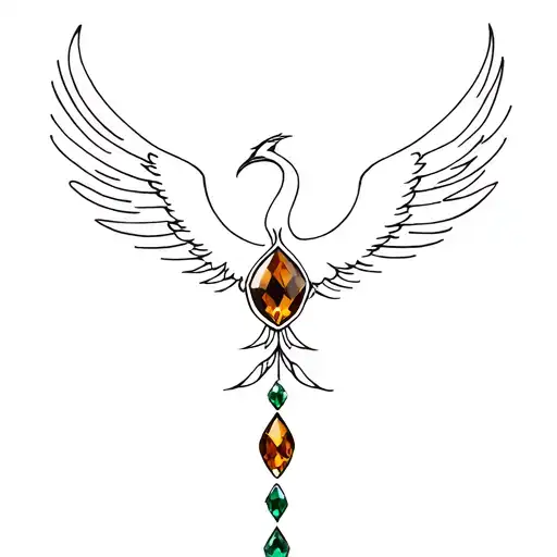phoenix with outstretched wings / crescent moon / amber stone and emerald stone tattoo design idea