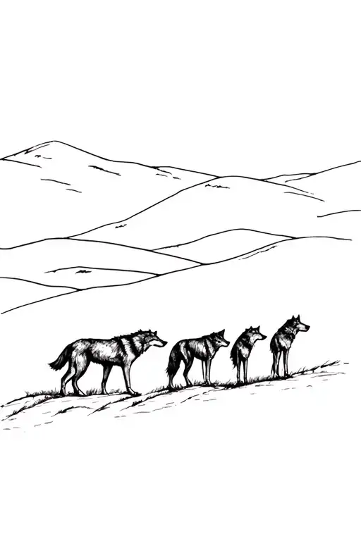 four wolves walking, two adults and two children  tattoo design idea