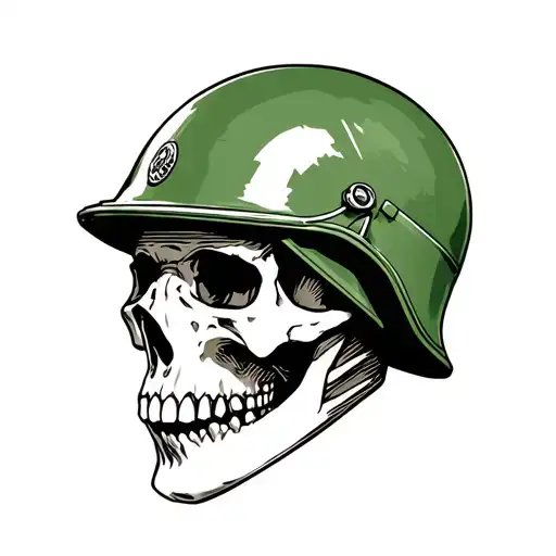 full-neck skull tattoo with a military (modern green) Russian helmet tattoo design idea
