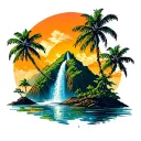 High mountain with cascade and down Island with coconut palm trees tattoo design idea