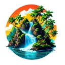 High mountain with cascade and down Island with coconut palm trees tattoo design idea