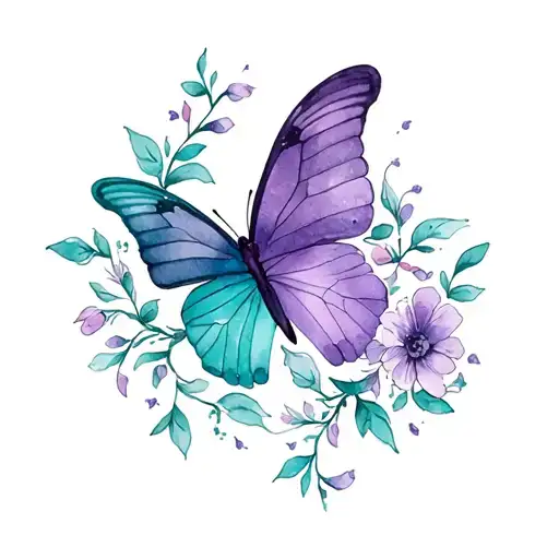 a half purple and half teal butterfly with vines and flowers tattoo design idea
