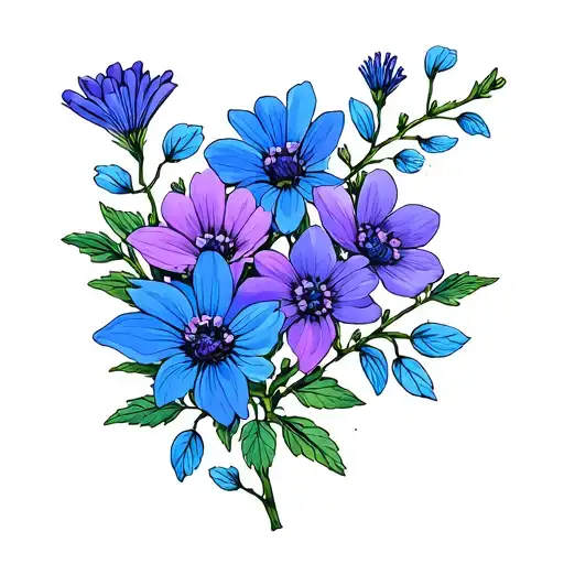 indigo and violet wildflowers blooming on tree branches tattoo design idea