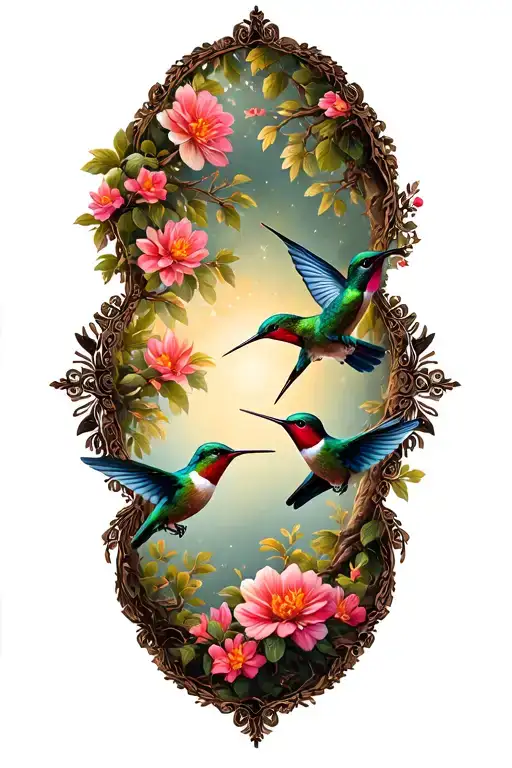 hummingbirds flying and perched on trees with flowers in background tattoo design idea