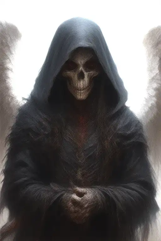 angel of death, in a black tattered cloak with a hood, with red eyes with a glare, with a katana tattoo design idea