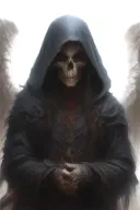 angel of death, in a black tattered cloak with a hood, with red eyes with a glare, with a katana tattoo design idea