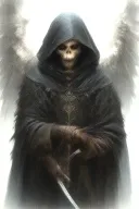 angel of death, in a black tattered cloak with a hood, with red eyes with a glare, with a katana tattoo design idea