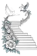 A sketch style tattoo of a stairway to heaven made of English roses, with a dove flying towards the top tattoo design idea