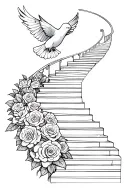 A sketch style tattoo of a stairway to heaven made of English roses, with a dove flying towards the top tattoo design idea
