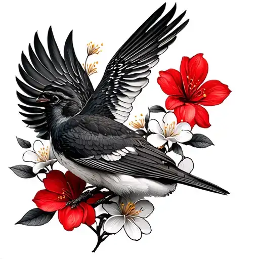 kookaburra and black red tail cookatoo on jasmine flowers tattoo design idea
