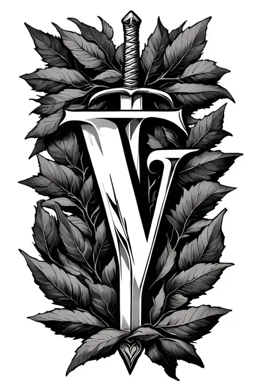 black branches of bay leaf and letter V and sword i to V letter tattoo design idea