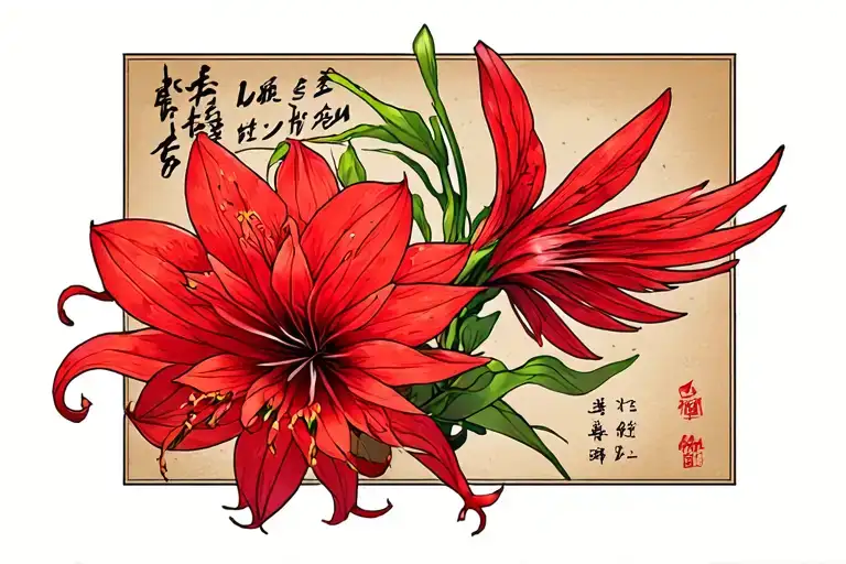 Red lycoris with writing '' angel dechu '' in Japanese tattoo design idea