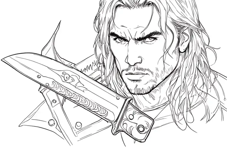 Winter soldier with long hair and knife tattoo design idea