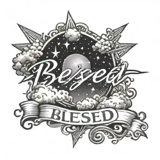 A majestic black and grey tattoo of a starry sky with clouds parting to reveal the word 'Blessed' tattoo design idea