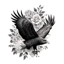 wedge tailed eagle soaring with roses tattoo design idea