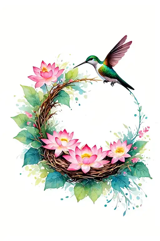 Lotus wreath with hummingbird and nest with delicate in the middle of the wreath  tattoo design idea