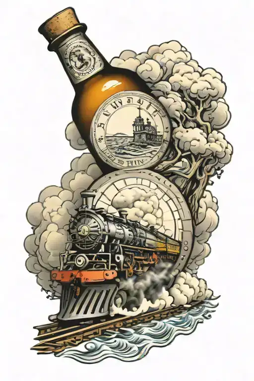 A train passing saint christopher with a bottle of port  tattoo design idea