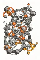 Chemical structure of cocaine molecule,herion molecule,methine with a ringe and pipe intertwined in a new-school style tattoo design idea