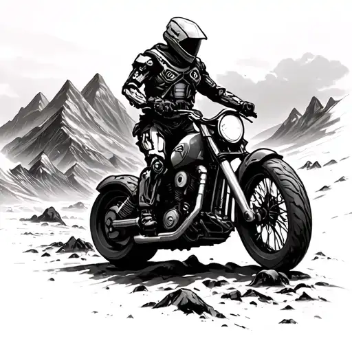 A cyborg biker exploring a post-apocalyptic mountain landscape tattoo design idea
