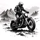 A cyborg biker exploring a post-apocalyptic mountain landscape tattoo design idea