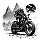A cyborg biker exploring a post-apocalyptic mountain landscape tattoo design idea