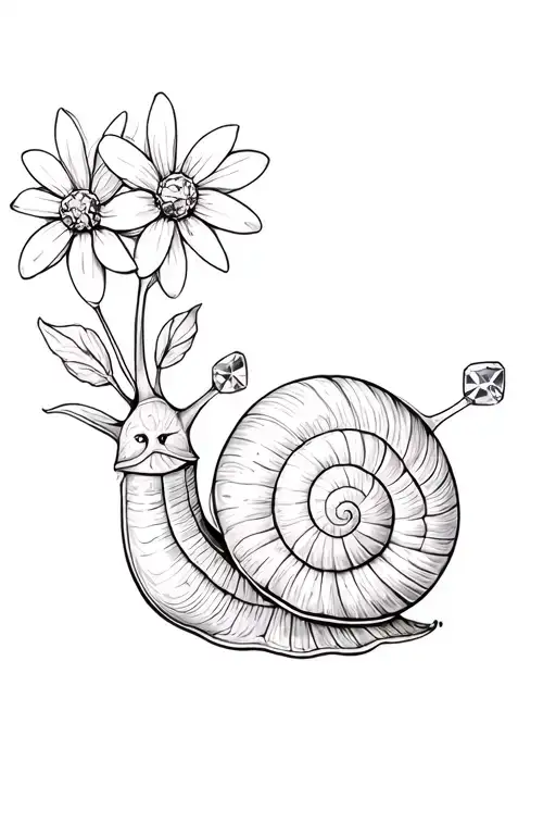 cute snail with house flowers and diamonds on its shell tattoo design idea