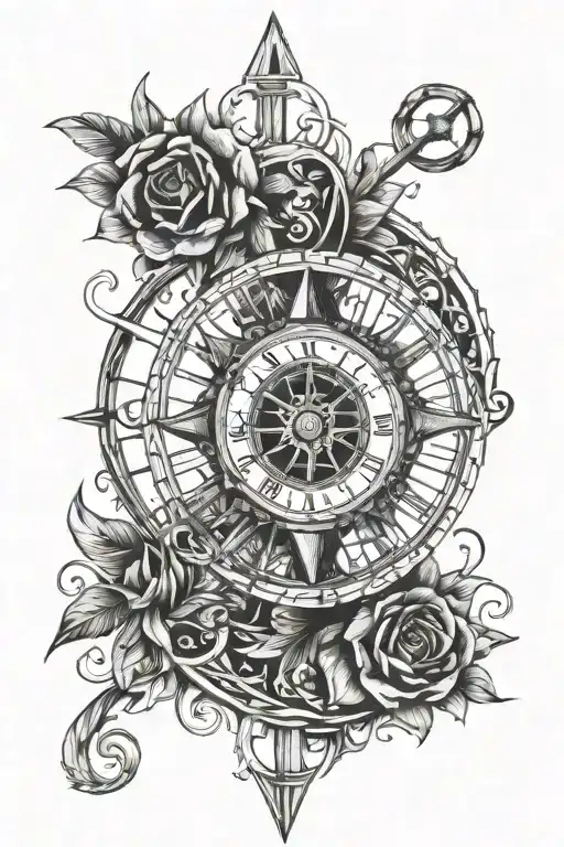 Roman numeral clock compass rose intertwined tattoo design idea