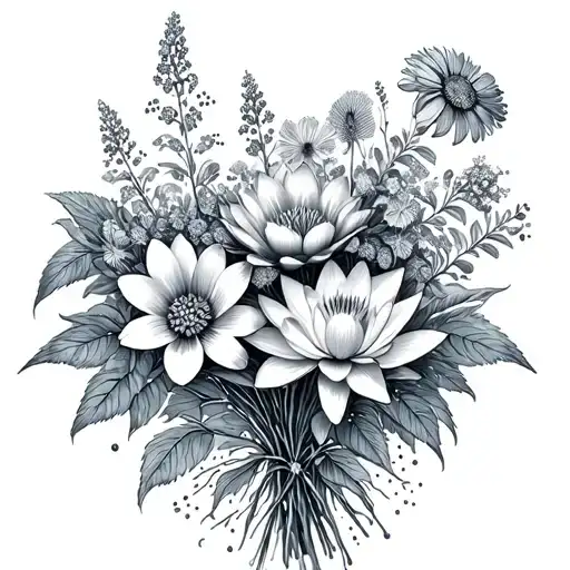 Larkspur And Marigold and water lily and cosmos flower bouquet tattoo design idea