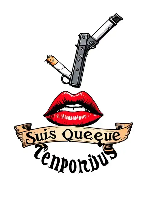 "Suis quaeque temporibus" lips with a cigarette below, an inscription in the Chicano style with a pistol tattoo design idea