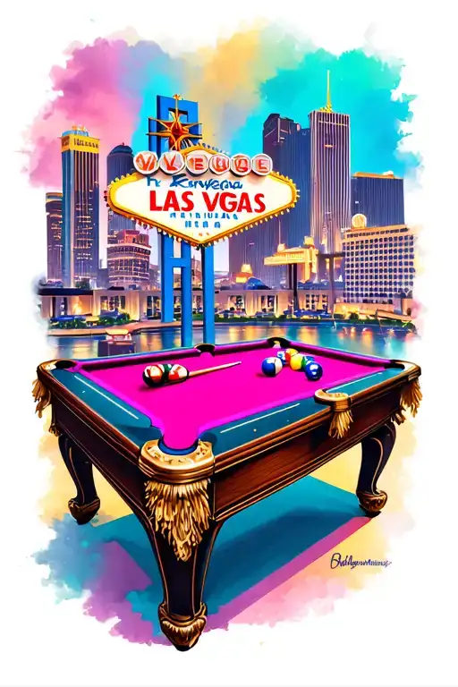 Las Vegas skyline and billiards table with neon lights tattoo design idea