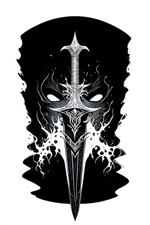 ethereal dagger going through a mask of retribution tattoo design idea