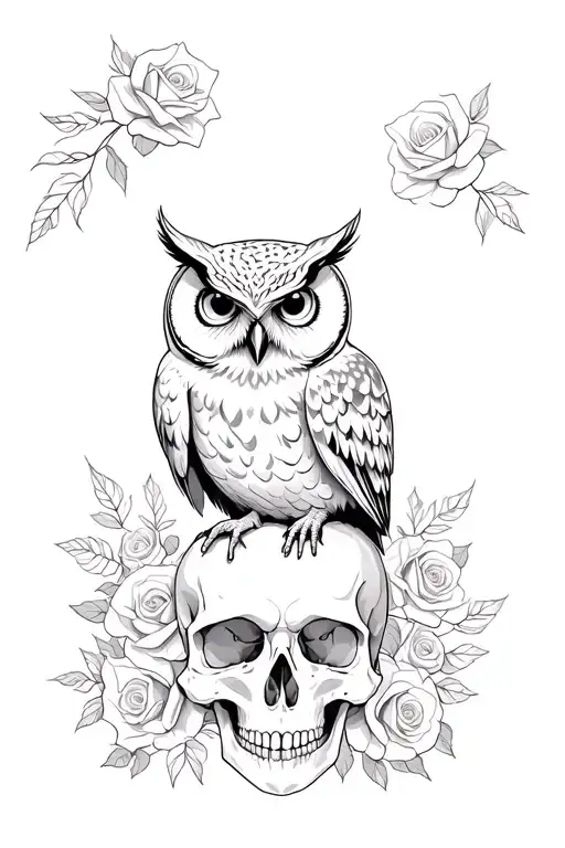 owl sitting on a skull surrounded by roses tattoo design idea