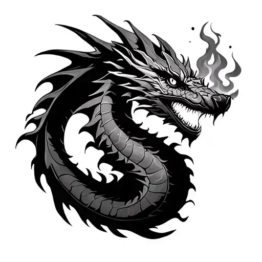 Black Ink girly Dragon breathing fire  tattoo design idea