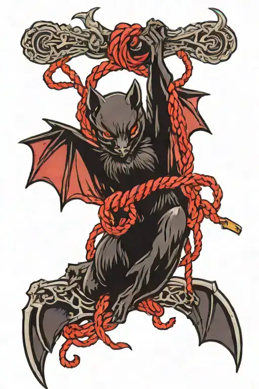 Black bat with black and red bdsm rope intertwined symbolizing tattoo design idea