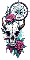 American Southwest, Sunset, Cactus, Desert Roses, Compass, Dreamcatcher, Metallic Snake, Longhorn skull, Prickly Pear tattoo design idea