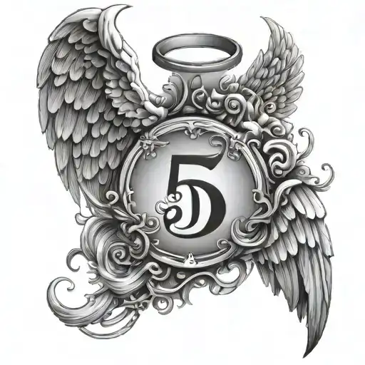 The number 5 with fire at the bottom and a halo on top, angel wings tattoo design idea