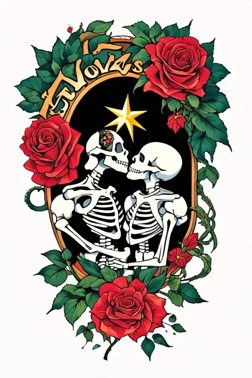 the word 'Tonz' 2 skeletons kissing and Star transforming into a rose tattoo design idea