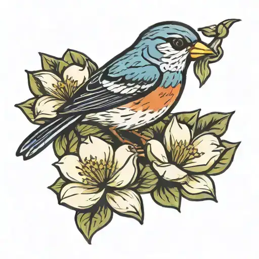 small songbird carrying a magnolia flower tattoo design idea